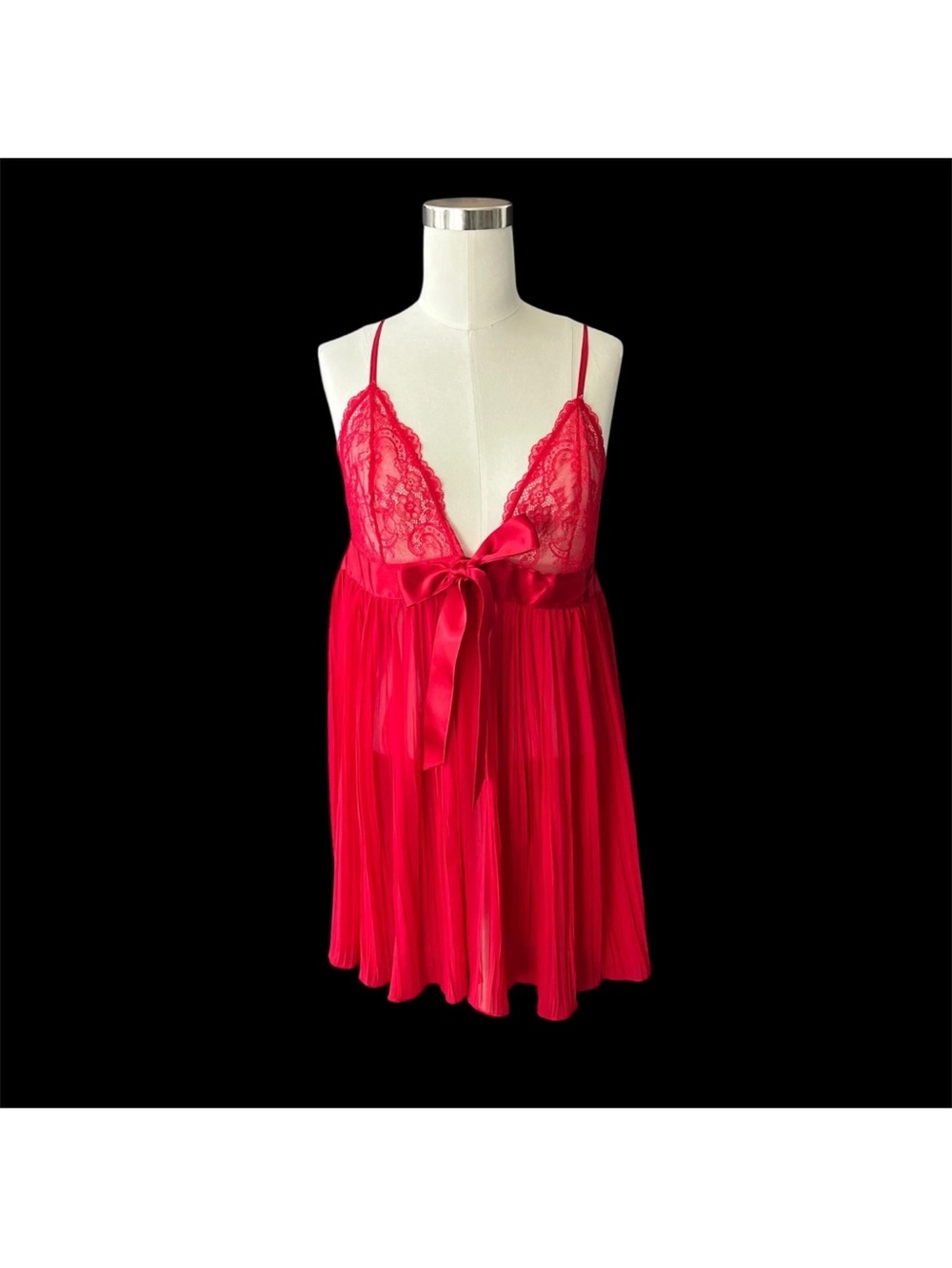VTG Victoria's Secret Sexy Lipstick Red Pleated & Lace Babydoll Chemise- Large
